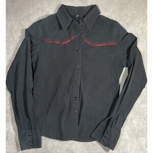 Morbid Threads Shirt Womens 6 Button Up Black With Red Stripes Long Sleeve Y2K
